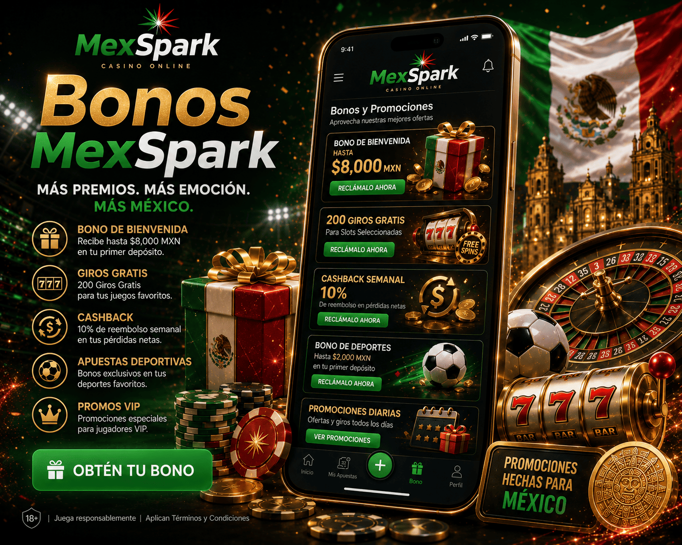 mexspark - bonus rewards and welcome offers mexspark bonus scene with gift boxes, coins, and promotional offer visuals