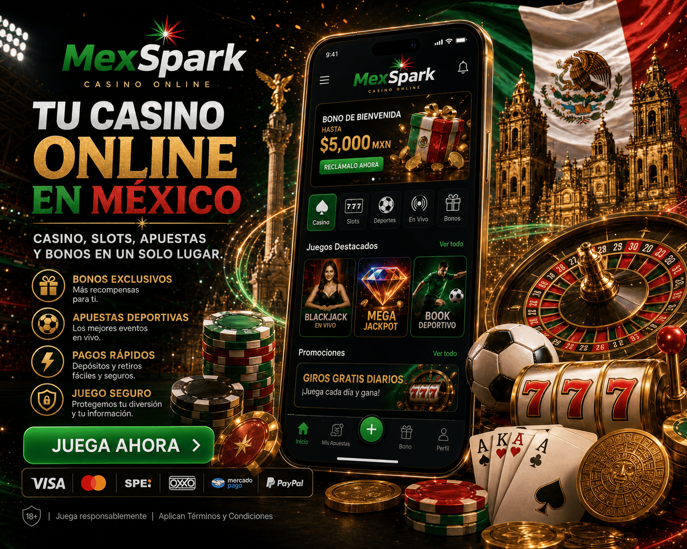 mexspark - visual principal del casino Lobby de casino de mexspark con rodillos, mesas de juego y navegacion movil
