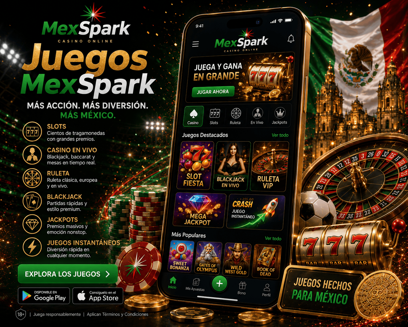mexspark - visual de juegos y mesas en vivo Escena de juegos de mexspark con mesas en vivo, cartas, fichas y simbolos de casino