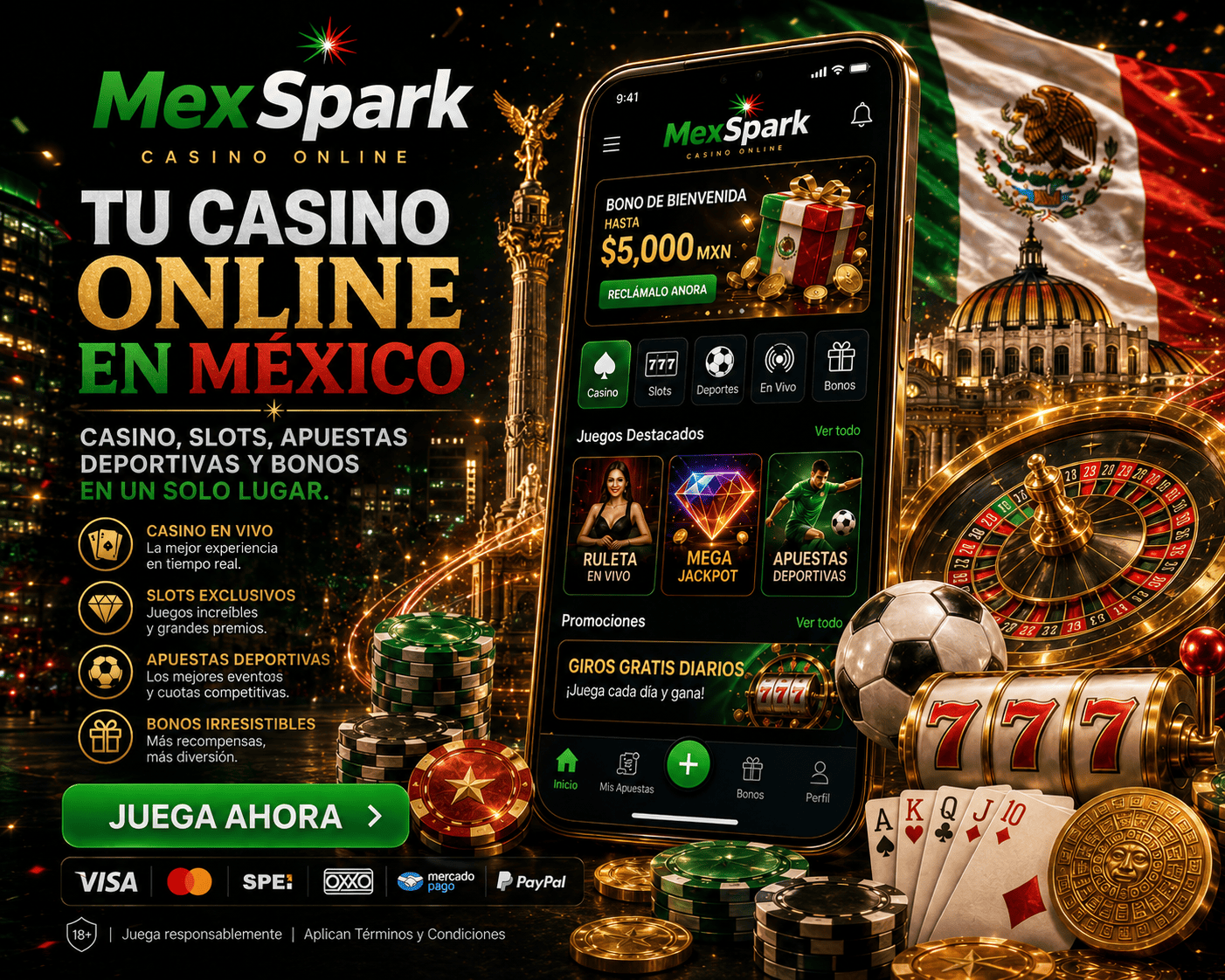 mexspark - mobile casino welcome visual mexspark mobile gaming scene with casino icons, coins, and account access elements